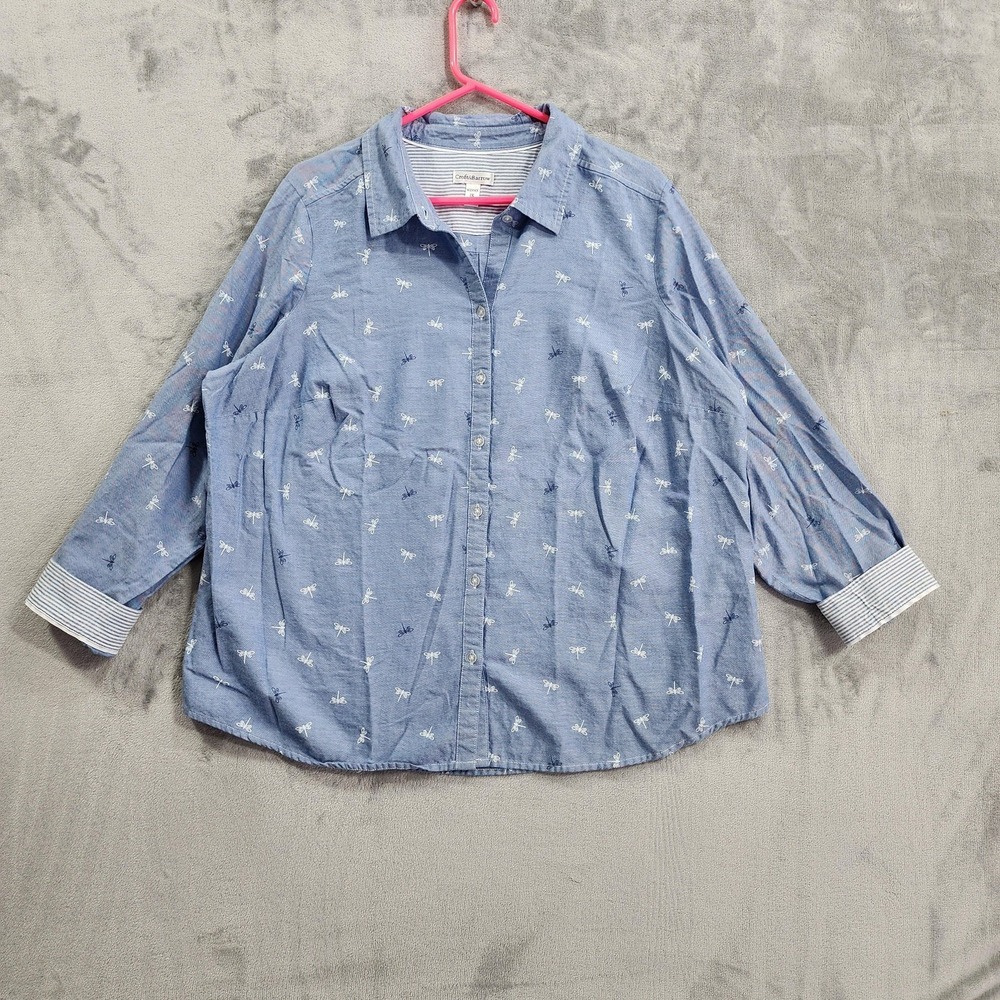 Croft & Barrow Shirt Women 1X Blue Dragonfly Print Button Front Cotton Flip Cuff